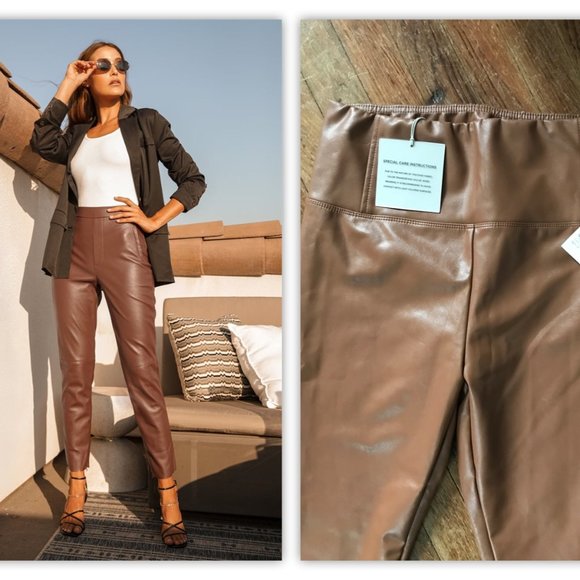 NWT Tibi Brown Faux Leather Leggings High Waist - Picture 2 of 16